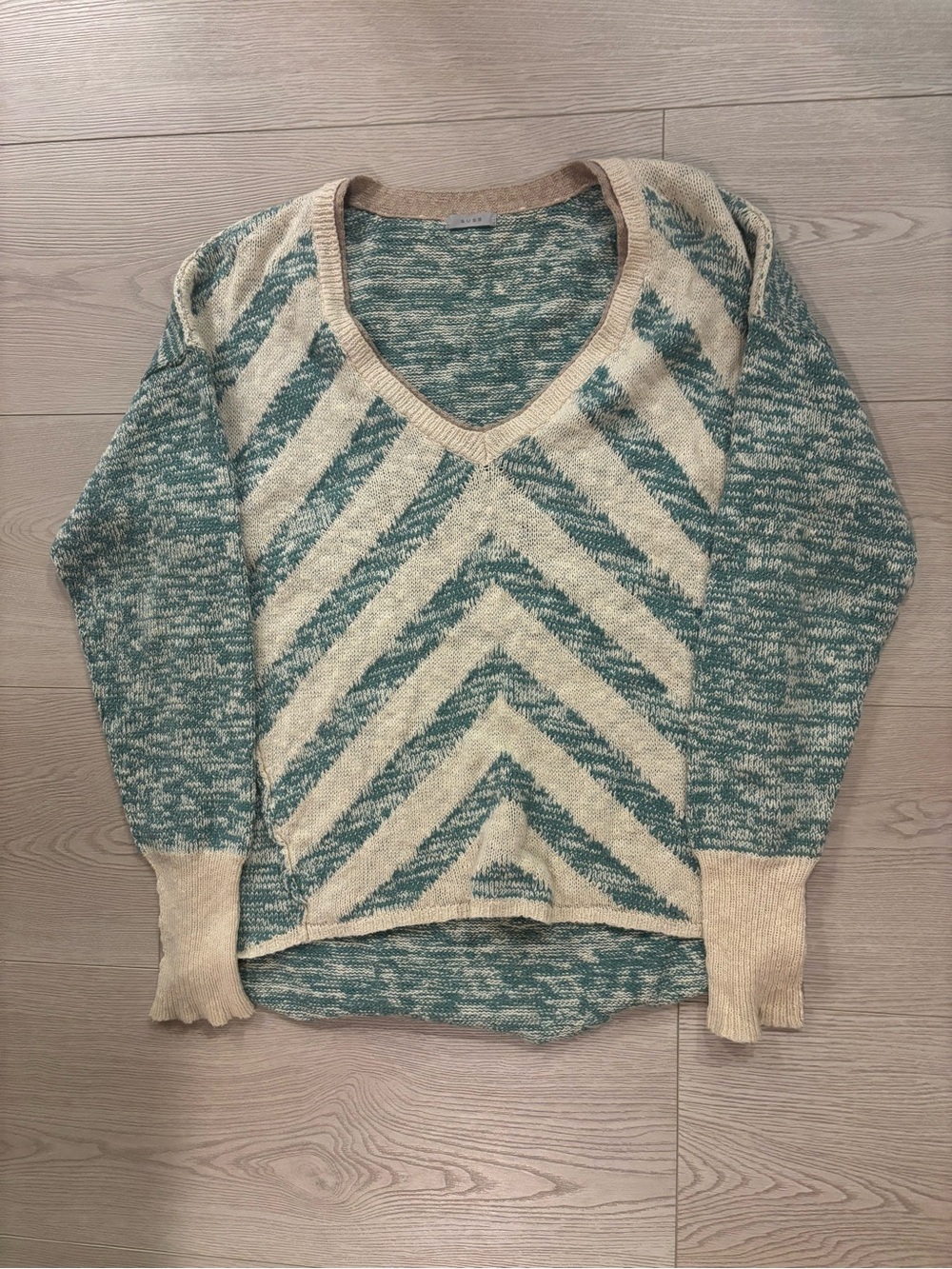 Patterned V-Neck Sweater in Teal and Cream